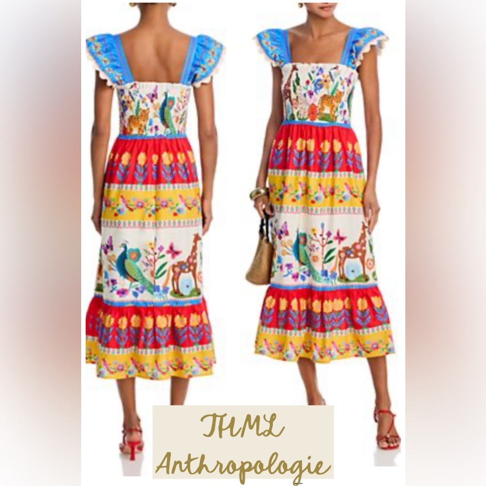 THML Tropical Animal Print Smocked Midi Dress Small Anthropologie NWT - Picture 1 of 16